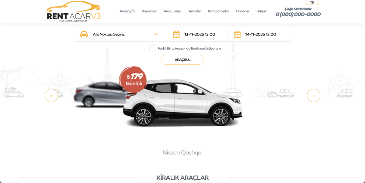 Gelişmiş Hazır Rent a Car (Araç Kiralama) Web Sitesi v2